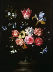 Stilleben af blomster (olie på panel)