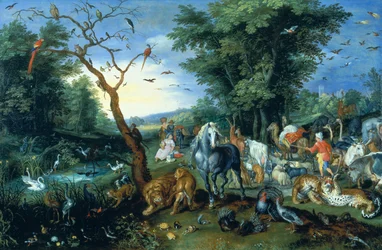 Dyrenes indtog i Noas ark (olie på panel)