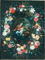 St. Catherines mystiske ægteskab i et landskab, omgivet af en blomsterkrans