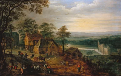 Landsbygade med figurer og vogne, et moated slot i baggrunden
