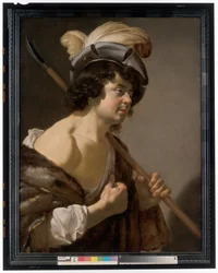 En hyrde, halvlængde i profil, iført en elegant fjerhue