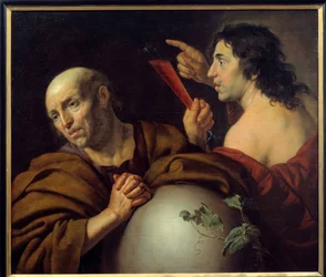Heraklit og Demokrit De græske filosoffer Heraklit fra Efese (Heraklit) (535-475 f.Kr.) og Demokrit (Demokrit) (460-370 f.Kr.). Maleri af Jan van Bijlert (1597-1671) 1600-tallets Utrecht. Centralmuseet
