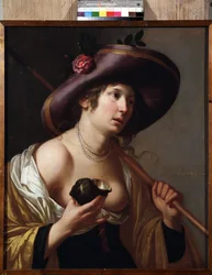 ""Portræt af Granida"" Karakteren af ​​Granida, der holder en skal, som hun bruger til at drikke det vand, som hyrden Daifilo giver hende. Baseret på stykket ""Granida"" af Pieter Corneliszoon Hooft. Maleri af Jan van Bylert (1598-1671) Samlingsmuseet