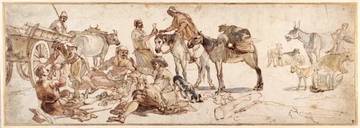 Landsfolk hviler sig til picnic ved vejkanten (pen og blæk med akvarel på papir)