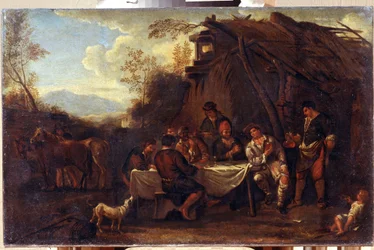 Det glædelige møde (Merrymeeting). Maleri af Jan Miel (1599-1664). kunst i flamsk barokstil. Olie på lærred. Regionalt I. Kramskoi kunstmuseum, Voronezh (Voronezh, Rusland).
