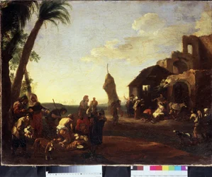 Tilbedelsen af ​​Kristus. Tilbedelsen af ​​Kristusbarnet. Maleri af Jan Miel (1599-1664), 1650. Olie på lærred. flamsk kunst, barokstil. Pushkin Museum of Fine Arts, Moskva