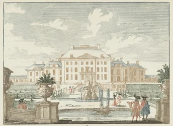 Udsigt fra bagsiden af ​​Paleis Het Loo Læs Gesichte van het Famous Loo som andre kongelige huse (serietitel) Admirandorum quadruplex spectaculum (serietitel)