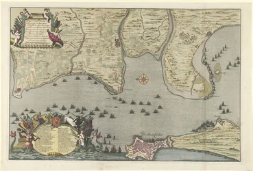 Kort over den allierede landgang og ekspedition i Cadiz, 1702 Plan for Dissante for Landgang i Spangien for Cadix med Campements og Marse udført af hertugen af ​​Ormont og generalen Majoor og Baron de Spar Ceedert den 26. august til