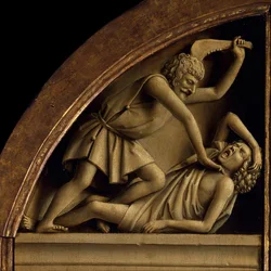 Gent-altertavlen. Tilbedelse af det mystiske lam: Kain dræber Abel, 1432.