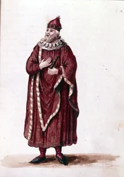En doge i det 11. århundrede. Akvareltegning og blæk fra manuskriptet "Venitianernes skikke"" af Jan van Grevenbroek (eller Giovanni Grevenbroich (Grevenbroich) (1731-1807)