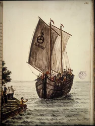 Pilgrimmens båd. Akvareltegning og blæk fra manuskriptet "Venitianernes skikke"" af Jan van Grevenbroek (eller Giovanni Grevenbroich (Grevenbroich) (1731-1807)