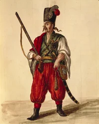 Karabineruniform, af Jan van Grevenbroeck eller Giovanni Grevembroch (1731-1807), Gli Donne de Veneziani, fra illustreret kostumebog, akvarel