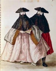 Karnevalsfigurer i Venedig, illustration fra Illustreret bog med venetianske kostumer, af Jan Grevenbroeck (1731-1807), akvarel, Italien
