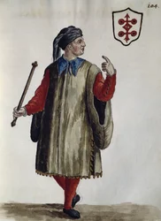 Carrarese kjole, akvarel fra det venetianske tøj, i næsten alle aldre flittigt indsamlet og malet i det 18. århundrede, af Jan van Grevenbroek eller Giovanni Grevenbroich (1731-1807), Italien