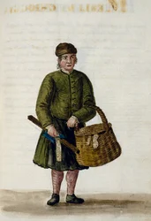 Chioggiansk blondehandler, illustration fra manuskript af venetianske klæder, bind IV, c 68, af Jan Grevenbroeck (1731-1807), akvarel, Italien