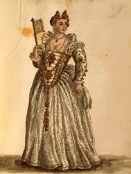 Gentlewoman i aftenkjole, af Jan van Grevenbroeck eller Giovanni Grevembroch (1731-1807), Gli Abiti de Veneziani, fra illustreret bog med kostumer, akvarel