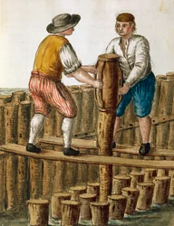Grundlæggelse af den venetianske lagune, illustration af Jan van Grevenbroeck (1731-1807) fra Dress of Venetians manuscript, Italien