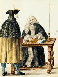 Magistrat spiller kort med maskeret mand, af Jan Grevenbroeck (1731-1807), Italien