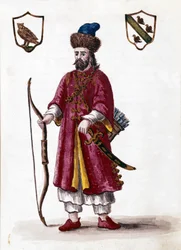 Marco Polo. Akvareltegning og blæk fra manuskriptet "Venitianernes skikke"" af Jan van Grevenbroek (eller Giovanni Grevenbroich (Grevenbroich) (1731-1807)