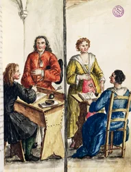 Ægteskabsbureau, illustration fra illustreret bog med venetianske dragter, af Jan Grevenbroeck (1731-1807), akvarel, Italien