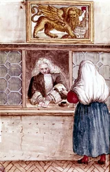 Pantelånerbutik. fromhedens bjerg i Venedig. Akvareltegning og blæk fra manuskriptet "Venitianernes skikke"" af Jan van Grevenbroeck (eller Giovanni Grevembroch (Grevenbroch) (1731-1807)