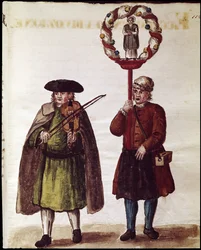 Religiøs fejring af kanoniseringen af en helgen (religiøs fejring af helgens kanonisering) Akvareltegning og blæk fra manuskriptet "Venitianernes skikke"" af Jan van Grevenbroeck (eller Giovanni Grevembroch (Grevenbroch) (1731-180)