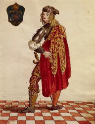 Dragt af ridder af Confraternity de la Calza (Stocking) i 1564, af Jan van Grevenbroeck eller Giovanni Grevembroch (1731-1807), Gli Abiti de Veneziani, fra illustreret bog med kostumer, akvarel