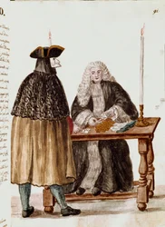 Spillerummet: en karakter maskerer foran dealeren, der trækker kort, mønter samles på bordet Akvareltegning og blæk tegnet fra et manuskript af Jan van Grevenbroeck (eller Giovanni Grevembroch (Grevenbroch) (1731-1807)