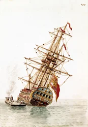 Venetiansk skib skudt ned i skroget for at blive repareret. Akvareltegning og blæk fra manuskriptet "Venitianernes skikke"" af Jan van Grevenbroeck (eller Giovanni Grevembroch (Grevenbroch) (1731-1807)