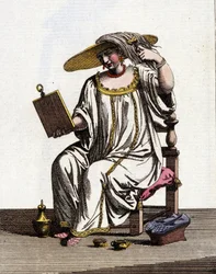 Venetianske kvinders metode til at lette deres hår i solen i det 17. - 18. århundrede. Akvareltegning og blæk fra manuskriptet "Venitianernes skikke"" af Jan van Grevenbroeck (eller Giovanni Grevembroch (Grevenbroch) (1731-1807)