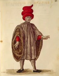 Ung mand iført "Dogalina", formel kappe med brede ærmer, af Jan van Grevenbroeck eller Giovanni Grevembroch (1731-1807), Gli Abiti de Veneziani, fra illustreret bog med kostumer, akvarel