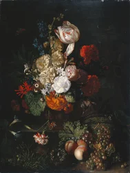 Stilleben: blomster og frugt, ca. 1700-20 (olie på panel)