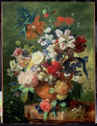 Stilleben med blomster og en fuglerede på en sokkel