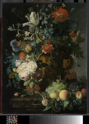 Stilleben med blomster og frugt
