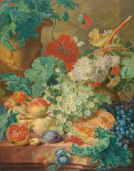 Stilleben med blomster og frugt