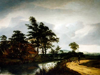 Et flodlandskab med et sommerhus, to bønder og deres hund (olie på panel)