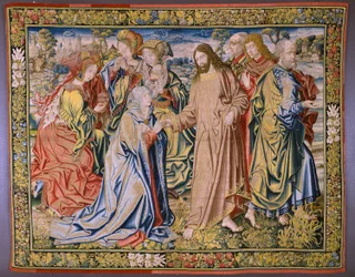 flamsk gobelin. Serien Heaven of Charles V. Christ siger farvel til sin mor (Despedida de Cristo/Christ siger farvel til sin mor). Tegneren Jan van Coninxloo. Fremstilling af Julien Portois, Mechelen (Malines). omkring 1521.