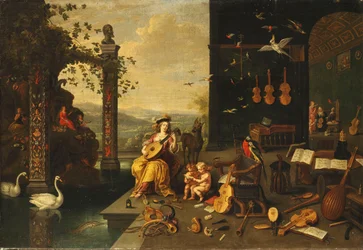 En personificering af musik: En ung kvinde, der spiller en lut på en terrasse foran et åbent galleri