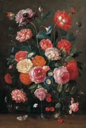 Roser, nelliker, morgenfrue, en valmue og en kvist kirsebær i en glasvase, en brun væg, en orange spids, en rød admiral og en skatesommerfugl på et bord, 1676