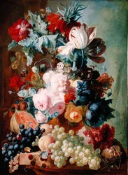 Blomster og frugt (olie på panel)
