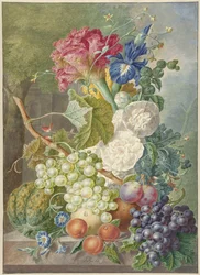 Stilleben med blomster og frugt