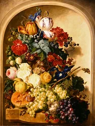 Stilleben: blomster og frugt (olie på panel)