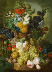 Stilleben af blomster og frugt