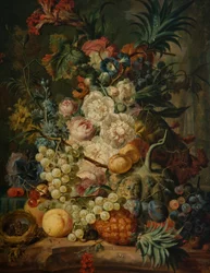 Stilleben med frugt og blomster