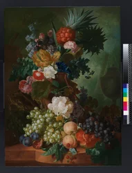 Vase med blomster og frugt, før 1808