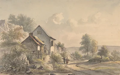 Landsbyscene med figurer, 1800-tallet.