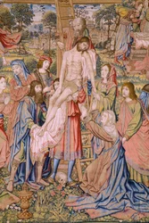 flamsk gobelin. Serien The passion of Christ: Descent from the cross (Kruisafneming, Descendimiento de la cruz). Fremstilling Pieter van Aelst. Tegneren Jan van Roome. Ca 1507-1520. Detalje.