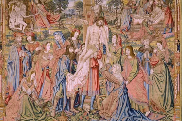 flamsk gobelin. Serien The passion of Christ: Descent from the cross (Kruisafneming, Descendimiento de la cruz). Fremstilling Pieter van Aelst. Tegneren Jan van Roome. Ca 1507-1520. Detalje.