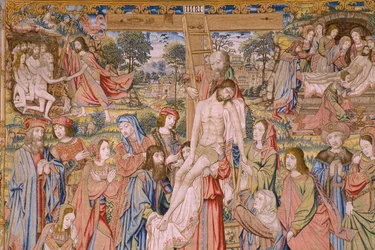 flamsk gobelin. Serien The passion of Christ: Descent from the cross (Kruisafneming, Descendimiento de la cruz). Fremstilling Pieter van Aelst. Tegneren Jan van Roome. Ca 1507-1520. Detalje.