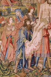 flamsk gobelin. Serien The passion of Christ: Descent from the cross (Kruisafneming, Descendimiento de la cruz). Fremstilling Pieter van Aelst. Tegneren Jan van Roome. Ca 1507-1520. Detalje.